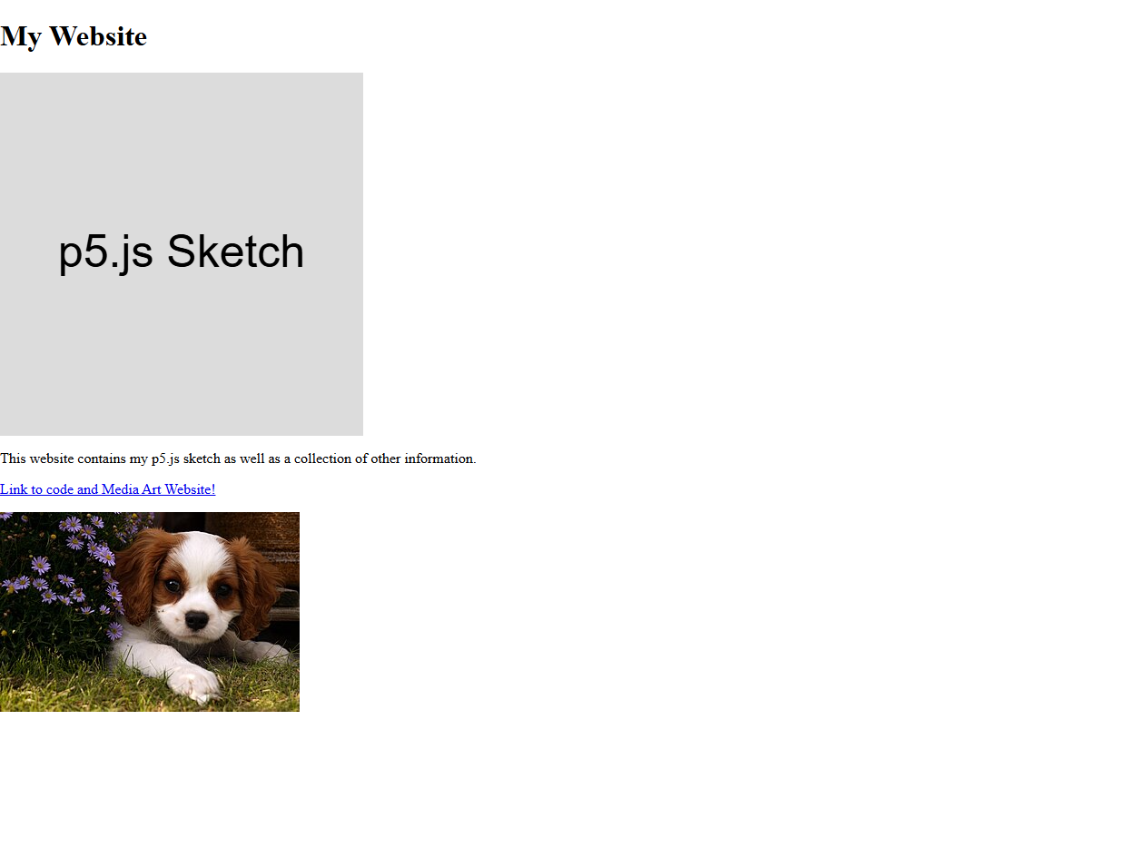 Screenshot of website with header, p5 sketch, paragraph, link, and image of dog