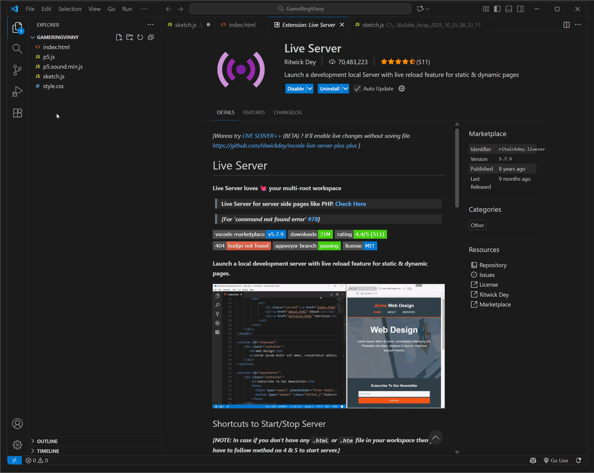 gif of install vscode live server